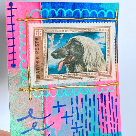 ACEO Original Art Card Acrylic Mixed Media Vintage Afghan Dog Postage Stamp ATC - Picture 2 of 3